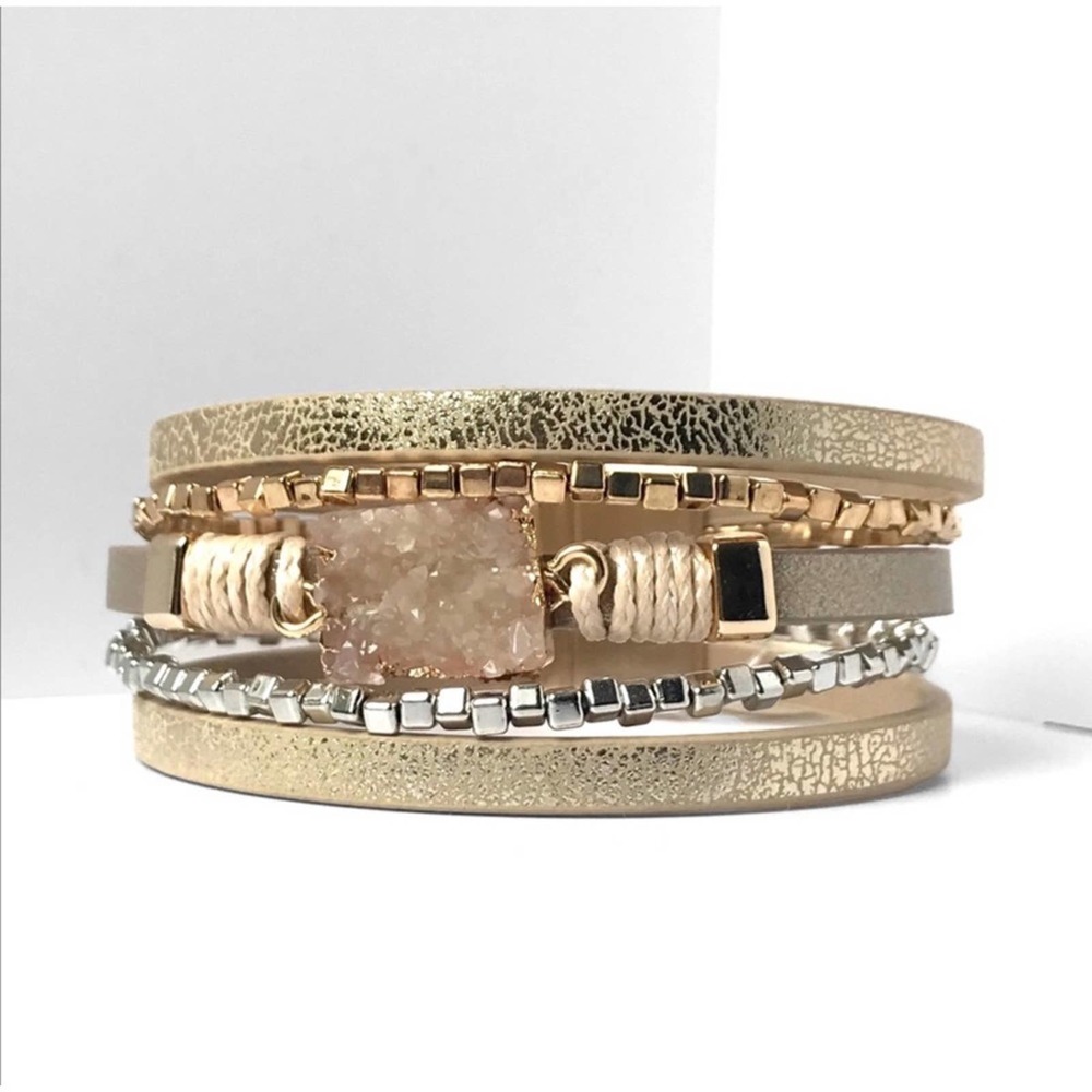 1 LEFT! Taupe Magnetic Blush Stone Beaded Faux Leather Strap Cute Bracelet - Picture 4 of 4